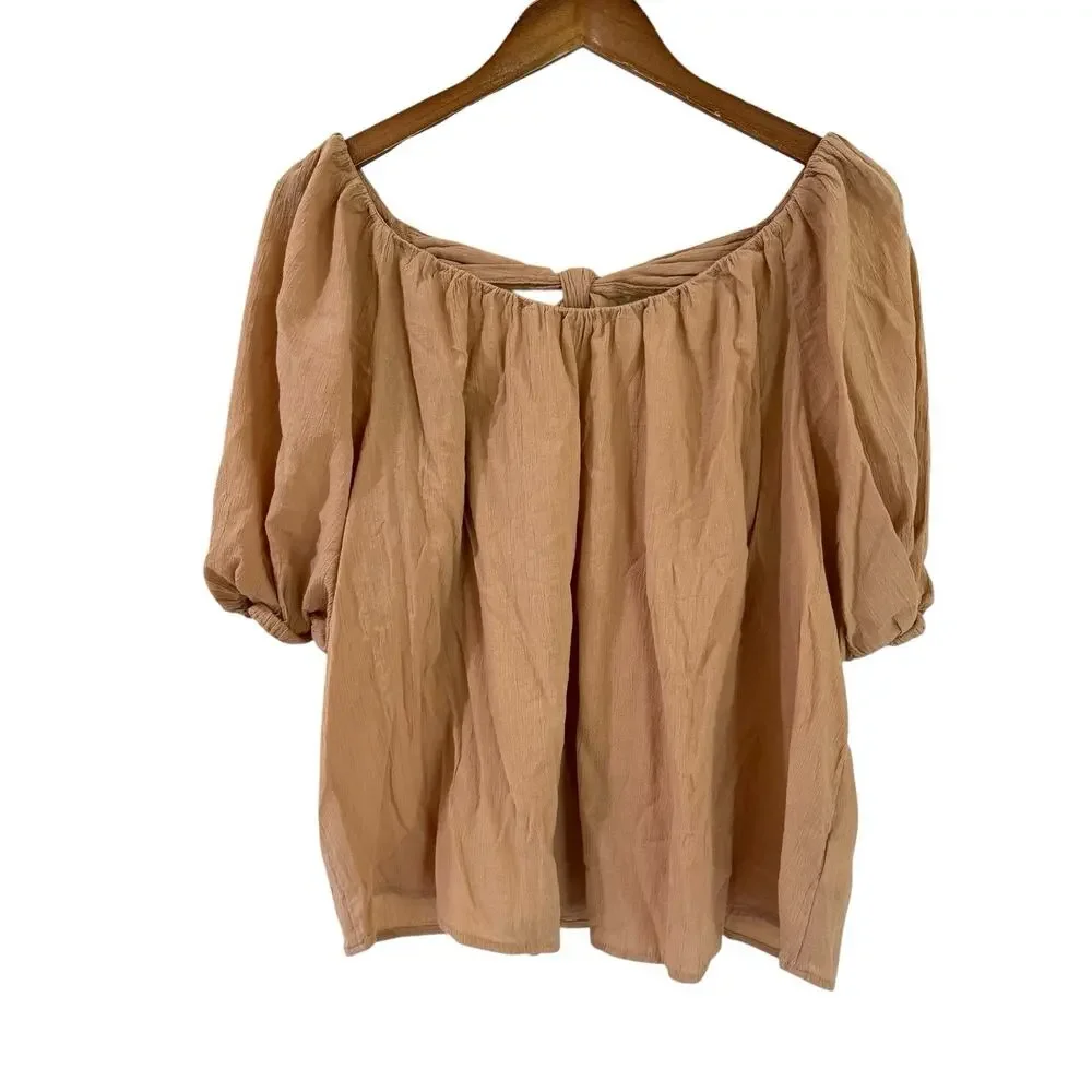 Old Navy Puff Sleeve Cutout Tie Back Swing Blouse Tan L Tall Boxy Boho Neutral